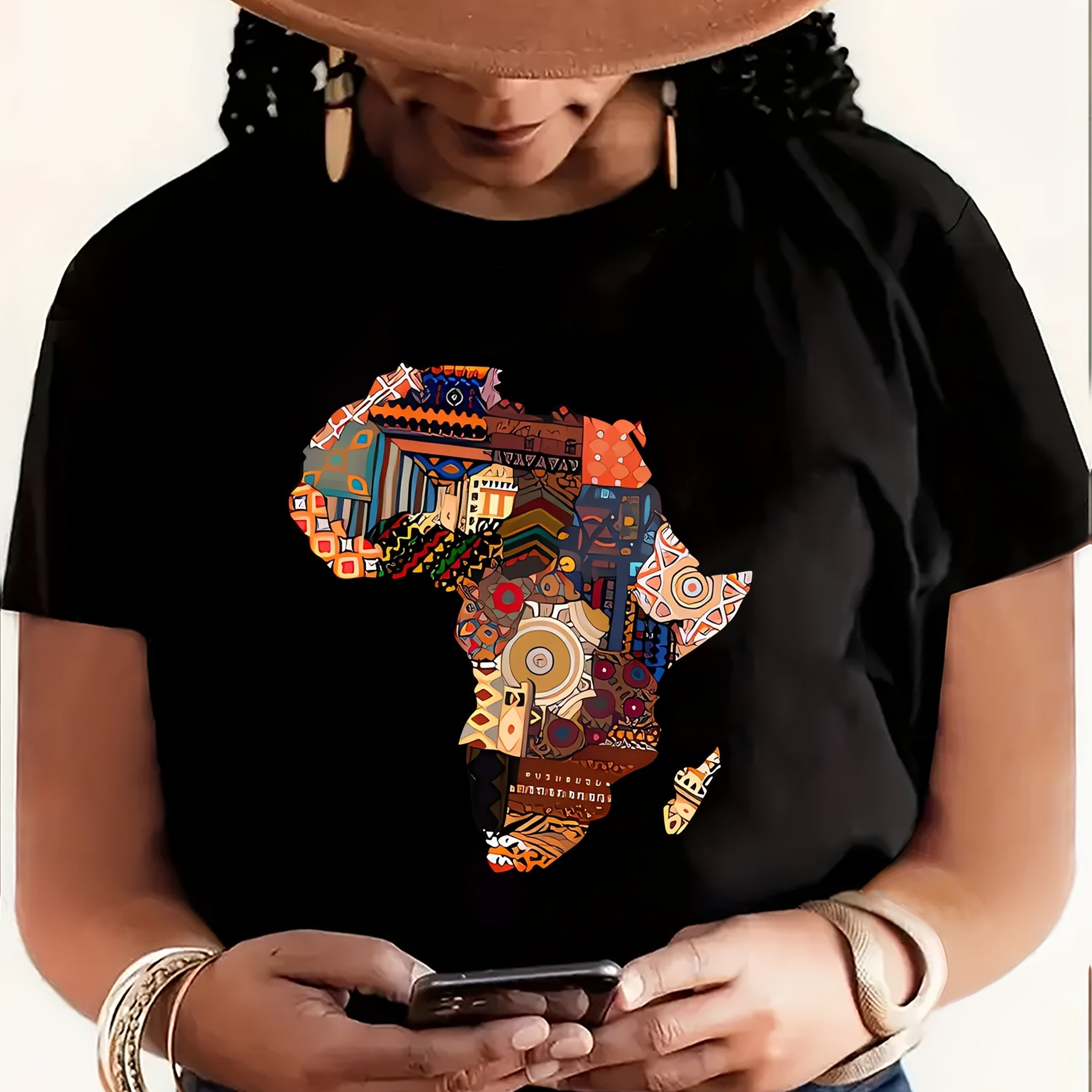 Women's African-Inspired Patchwork Print Casual Short Sleeve T-Shirt - Vibrant Red Round Neck Top with Cultural Motifs, Medium Stretch & Machine Washable for Spring/Summer, Casual Attire, Comfortable Fabric